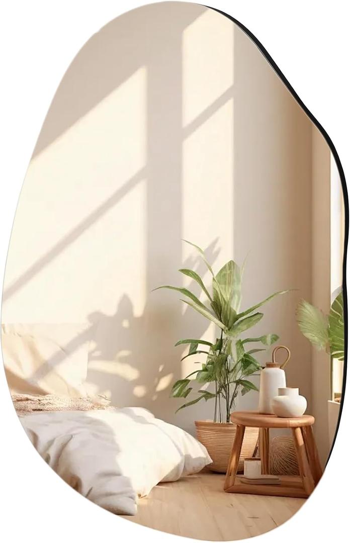 Irregular Frameless Bathroom Mirror,22 x 30 Inch Asymmetrical Wall Mirror with Wood Frame,Vanity Modern Tempered Glass Mirror for Bedroom,Entryway,Living Room