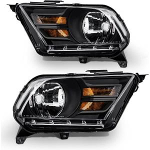 for 2010-2014 Ford Mustang Headlight Assembly compatible with 2010 2011 2012 2013 2014 Mustang Clear Lens Black Housing Amber Reflector Headlamp Replacement Left and RightW/O Bulbs