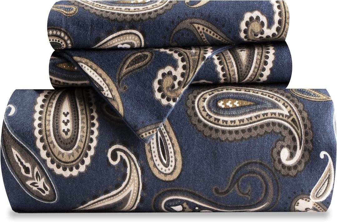 Superior Paisley Flannel Cotton Duvet Cover Set, Warm Fuzzy Comforter Cover, Floral Bedding Essentials, Secure Button Closure, Includes 1 Duvet Cover, 2 Pillow Shams, King/ California King, Navy Blue
