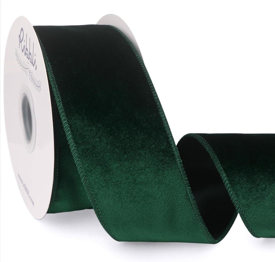 Ribbli Forest Green Velvet Wired Ribbon 2.5 Inch Velvet with Satin Christmas Ribbon for Gift Wrapping Christmas Tree Decoration Crafts Wreaths Supplies-Continuous 10 Yards