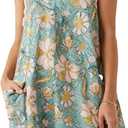 Women RIC Rac Floral Boho Mini Dress V Neck Sleeveless Backless Vacation Dress with Pockets Size L