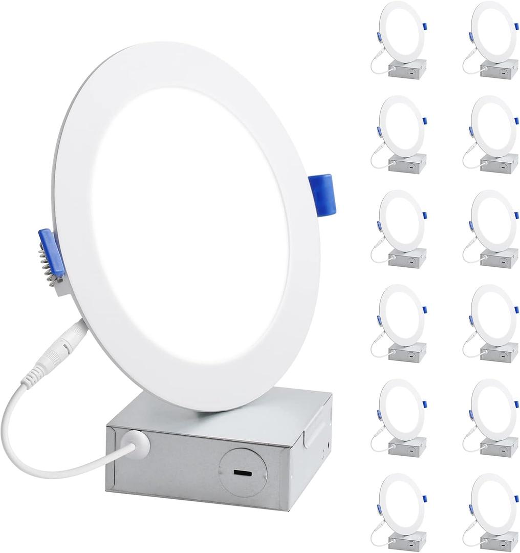 Lepro 12 Pack 6 Inch Canless LED Recessed Light,Dimmable Retrofit Ultra-Thin Ceiling Light with Junction Box,5000 Kelvin Daylight Wafer Lights 12 watt 1050 Lumen, ETL,FCC & Energy Star Certified