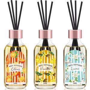 Reed Diffuser Set of 3 Pack, Linen Vanilla Citrus Scented Oil Diffuser with 15 Sticks, Reed Diffusers for Home, Bathroom Air Freshener, 1.7 Fl.oz Each, Total 5.1 Oz