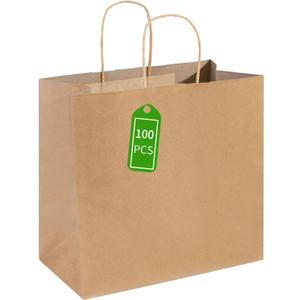PAICUIKE 100Pcs Large Brown Paper Bags with Handles, 13x7x13 Inch Gift Bags for Business, Shopping, Party, Wedding & Birthday | Natural Brown Kraft Bags for Retail, Merchandise & Events