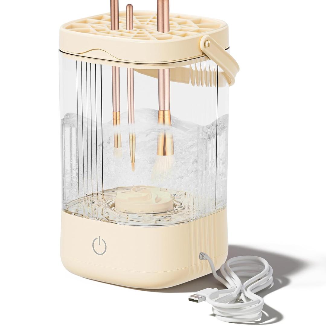 Electric Makeup Brush Cleaner - Portable Makeup Brushes Cleaning Machine, Automatic Spinning Cosmetic Brushes Washer, Make Up Brush Cleaner Tools for Most Sizes Brushes and Sponges (Beige)