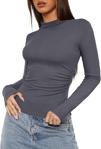 Darong Womens Long Sleeve Shirts Basic Tees Crop Tops Going Out Fall 2025 Workout Outfits Y2k Clothes 9089 Grey S