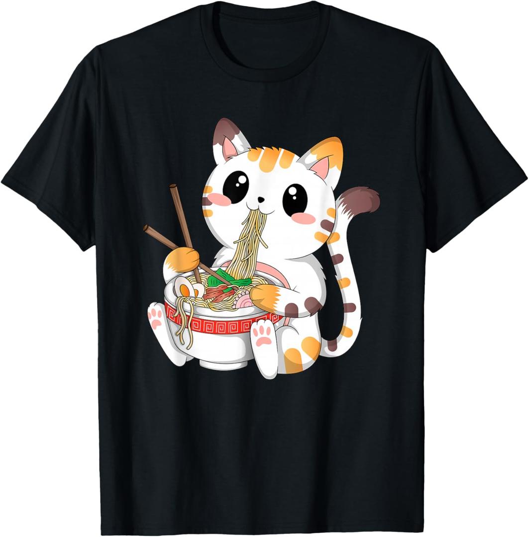 Japanese Anime Cat Ramen Noodles Kawaii Neko Women Men T-Shirt, Large
