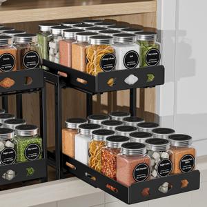 Pull Out Spice Racks for Inside Cabinets, 2-Tier Cabinet Spice Rack Organizer, Height Adjustable Vertical Spice Rack for Kitchen Cabinet (7.5''Wx10.8''Dx9.2''H, Metal Black)