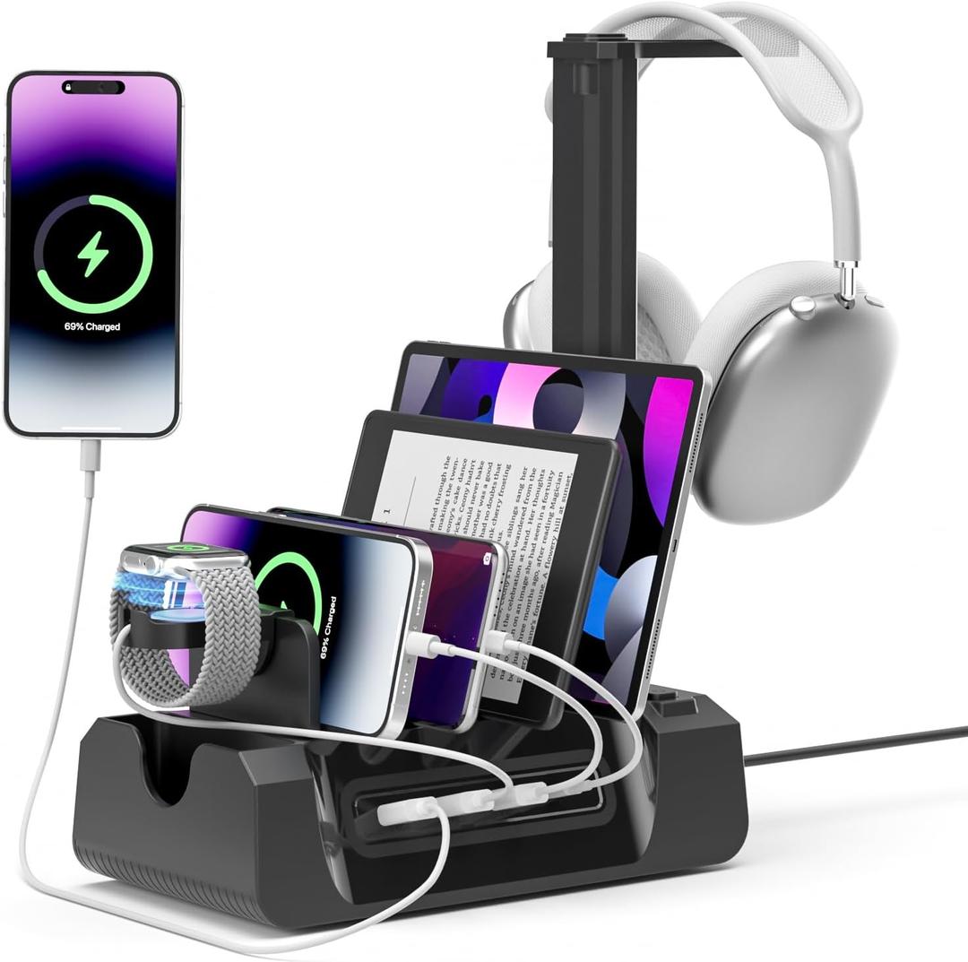KDD Charging Station for Multiple Devices, 6-in-1 Charging Dock with Headphone Stand and Watch Holder, 2 AC, 3 USB A, 1 USB C, Multi Storage Charger Station for Cellphone,Tablets, Apple Watch and More