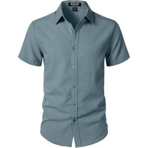 JEMITOP Men's Stretch Textured Short Sleeve Button Down Shirts Summer Casual Beach Wedding Vacation Shirt (Medium, Grey Blue)