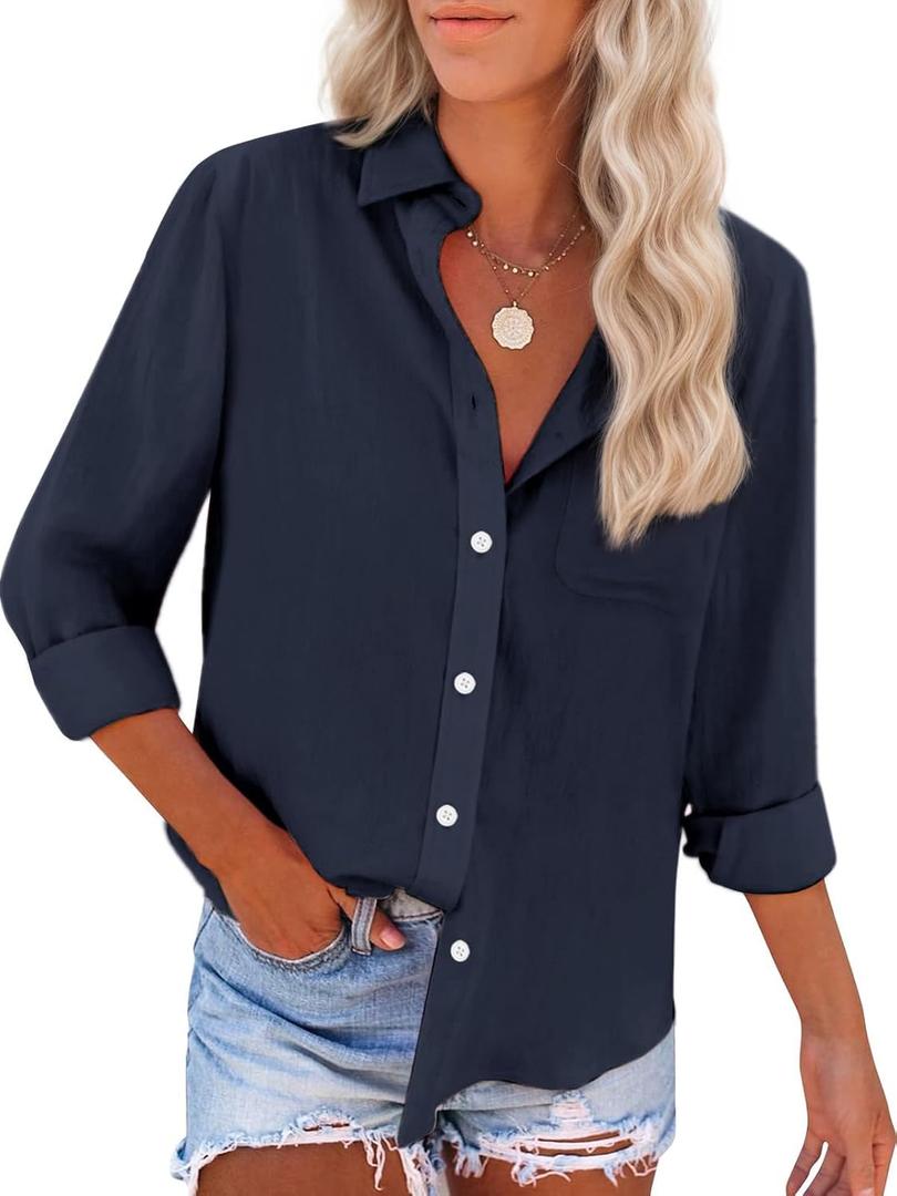 Womens Button Down Shirts Cotton Dress Shirts Oxford Shirts Long Sleeve Work Blouses Collared Tops Tunics with Pocket (Medium, Navy Blue)