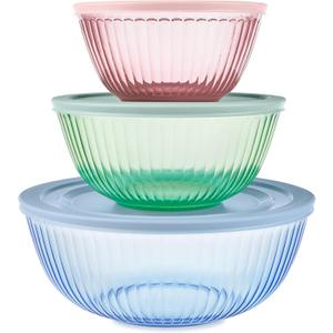 Pyrex Colors (3-Pack, Full Set) Sculpted Tinted Glass Mixing Bowls With Plastic Lids, Nesting Space Saving Set of Bowls For Prepping and Baking, 1.3QT, 2.3QT & 4.5Q, (Pink, Green, Blue), 3 Pack, Small/Medium/Large, With Lids