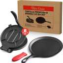 Uno Casa Cast Iron Tortilla Press 8 Inch with Cast Iron Comal Pan - Bundle of Cast Iron Tortilla Skillet for Roti, Tawa, Dosa, and Pataconera - Pre-Seasoned Heavy Duty Cookware for Authentic Cooking