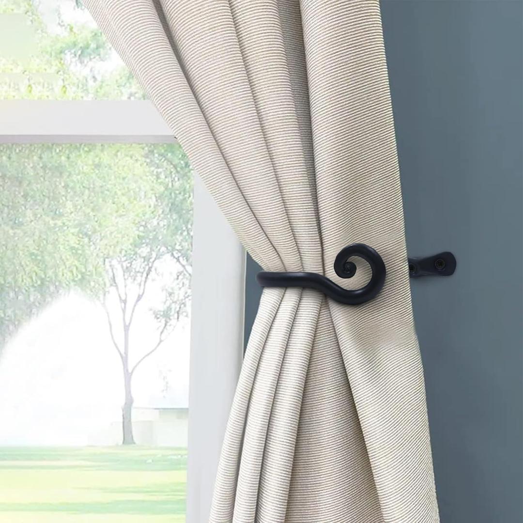 The Metal Magician Sturdy Wrought Iron Wall Mounted Curtain Holdbacks - Curtain Holders for Living Room, Bedroom, Kitchen, Office - (Curly - Black) - Pack of 2