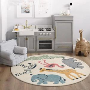 Poowe Cute Animals Kids Room Rug, 31.5" Round Washable Area for Baby Boys Girls - Non-Slip Soft Play Mat Floor Carpet for Living Room, Bedroom, Playroom, Classroom (2'8" (Round))