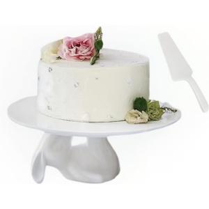 12-Inch Porcelain Cake Stand for Wedding, Round Dessert Stand with Cake Spatula, White Rabbit Cupcake Stand for Wedding,Party