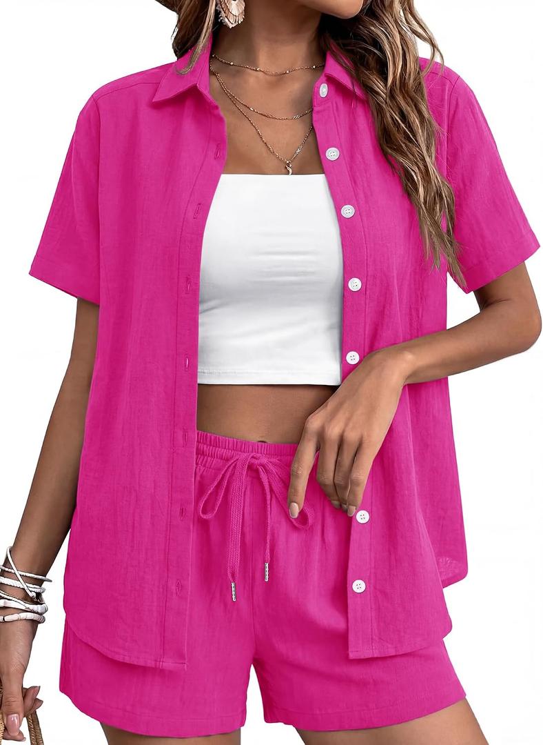 Rapbin Women 2 Piece Workout Linen Sets Two Piece Business Button Down Short Sleeve Shirts Sets Fashion Going Out Outfits Hot pink L
