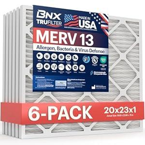 BNX TruFilter 20x23x1 Air Filter MERV 13 (6-Pack) - MADE IN USA - Electrostatic Pleated Air Conditioner HVAC AC Furnace Filters for Allergies, Pollen, Mold, Bacteria, Smoke, Allergen, MPR 1900 FPR 10