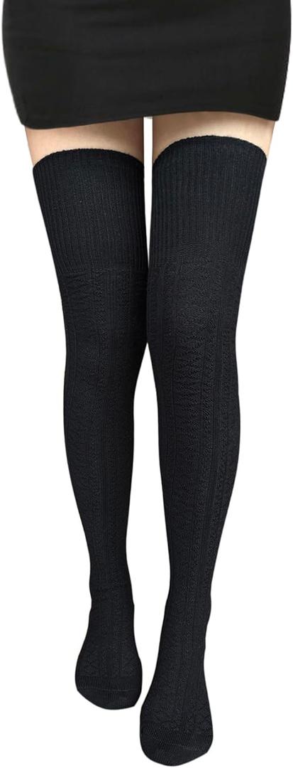 Womens Thigh High Socks Extra Long Cotton Knit Thick Ribbed Over Knee Stockings with Diamond Pattern (One Size, Black)