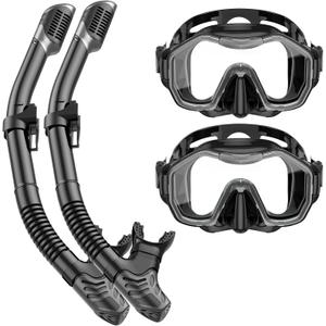 Snorkeling Gear for Adults Kids, Dry-Top Snorkel Set, 180Panoramic Wide View Diving Mask Breathing Freely Snorkel Mask for Snorkeling Scuba Diving Swimming Travel (A14-Black + Black)