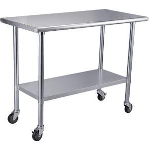 ROCKPOINT Stainless Steel Table for Prep & Work with Caster Wheels 24x48 Inches, NSF Metal Commercial Kitchen Heavy Duty Table with Adjustable Under Shelf and Table Foot for Restaurant, Home and Hotel