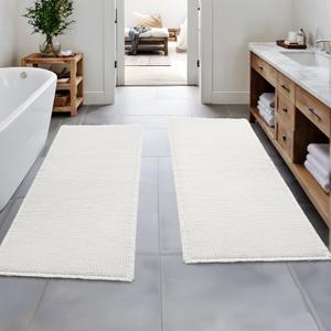 MIULEE Set of 2 Waffle Bathroom Runner Rugs, Boho Bath Rugs Non Slip Washable, Super Absorbent Runner Bath Mats, Rubber Backed Shower Mats for Hallway Bedroom Laundry Room, White, 2'x5'(24x60 Inch)