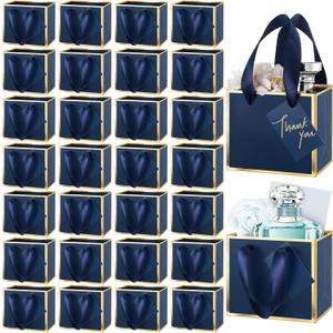 Yeaqee 50 Pcs Mini Metallic Foil Gift Bags with Handles 4x4.75x2.25'' Valentine Tiny Thank You Favor Bag with Tag for Winter Galentine New Year Welcome Wedding Baby Shower Birthday(Navy Blue, Gold)