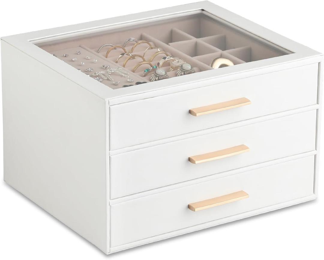 Frebeauty Clear Lid Jewelry Box,3-Layer Jewelry Organizer with Drawer,PU Leather Jewelry Organizers and Storage,Jewelry Boxes for Women,Jewelry Storage for Rings Earring Stud,Gift for Women(White)