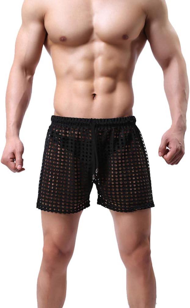 Linemoon Men's Mesh Shorts Sexy Lounge Hollow Boxer Underwear (Large, Black)