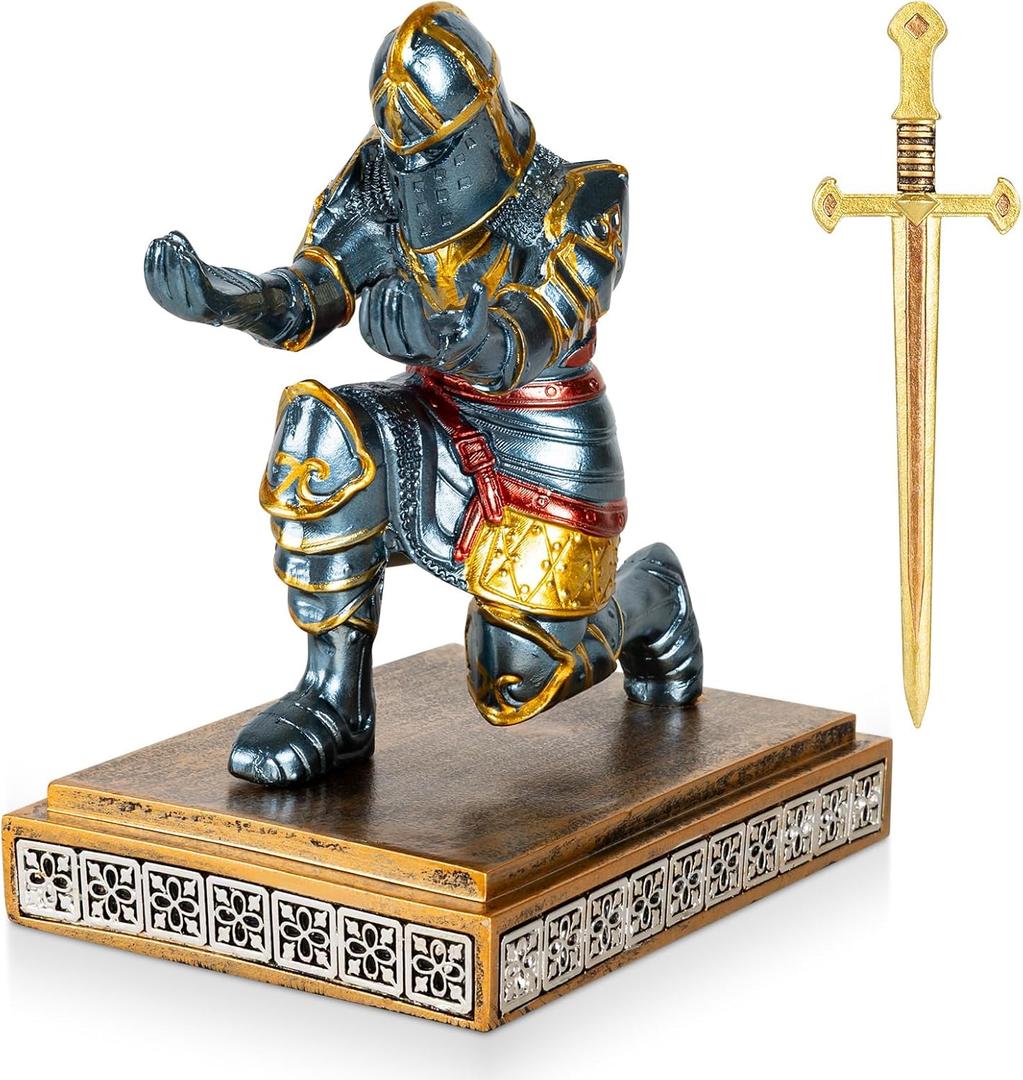 Akulgaci Medieval Knight Pen Holder with Sword, Kneeling King's Guard Warrior Pencil Stand Office Accessories Cool Fancy Desk Decor Gift for Men Father Husband Grandfather Boyfriend Boss Him