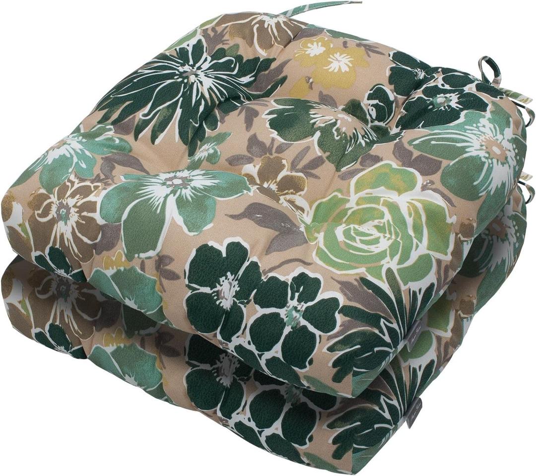 Magpie Fabrics 19"x19" Tufted Seat Cushion 2 Pack, U-Shaped Patio Cushions with Ties, Outdoor/Indoor Chair Pads Waterproof for Dining Garden Balcony Office - Green Floral