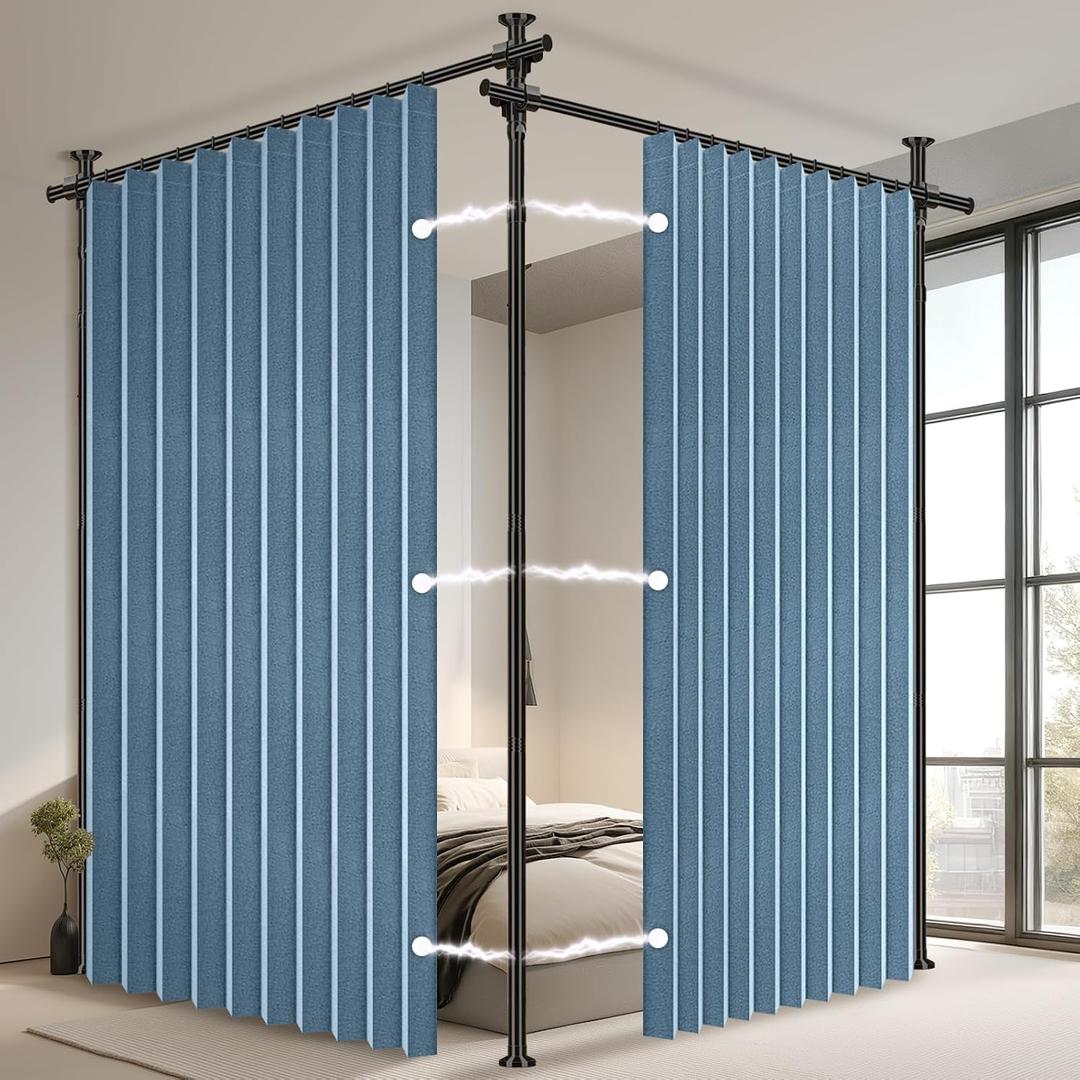 100% Blackout Room Divider Curtains Sets Blue 2 Panels W100 x L96in No Drill Curtain Rods(H) 43-120×(W) 35-200 in for Office Privacy Partition Separator