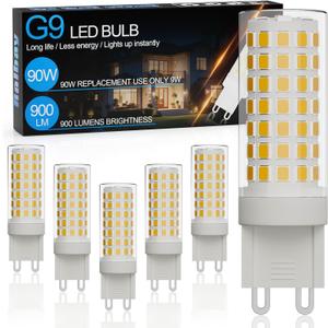 Ralbay 6-Pack Dimmable G9 LED Bulbs 9W 3000K Warm White, 900LM Ultra Bright Creates Cozy Warm Glow, Wide Dimmer Compatible for Bedroom Living Room Lamp