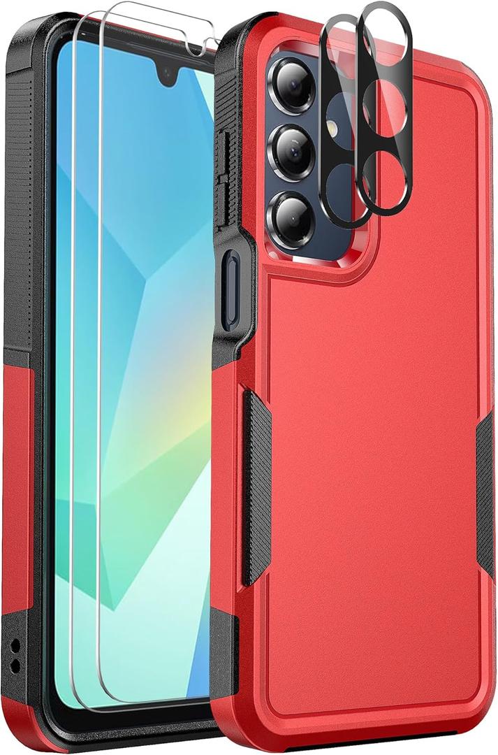 Ezanmull for Samsung Galaxy A16 5G Phone Case, [Military Grade Drop Protection] [Glass Screen Protector + Camera Lens Protector] Non-Slip Shockproof case (Red)