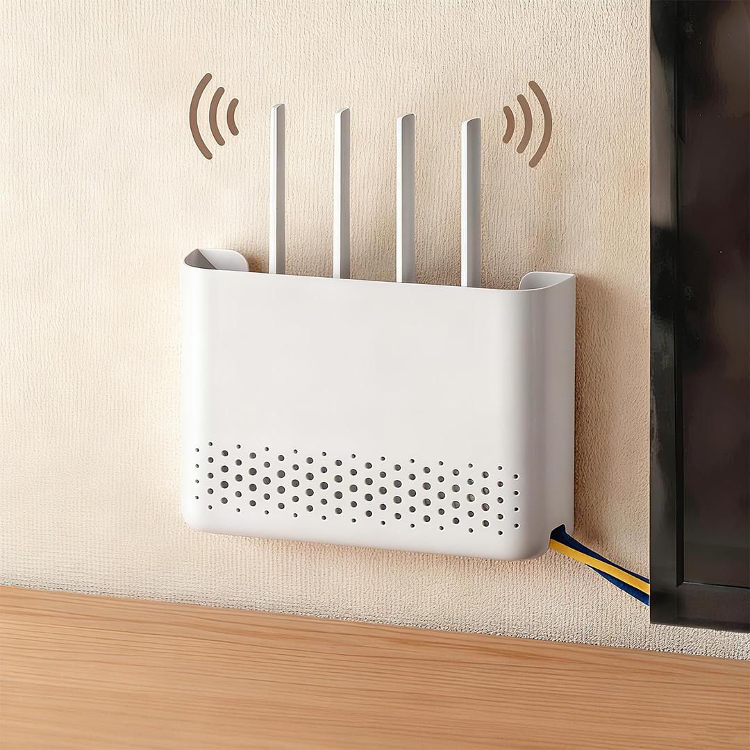 Wall Mounted Router Storage Box - No-Drill WiFi Router Organizer with Heat Dissipation Holes, Cable Management Box for Living Room, Bedroom, Study, Dorm, Apartment, White