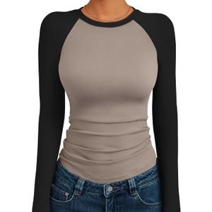 Trendy Queen Women's Long Sleeve Shirts Slim Fit Stretchy Color Block Slightly Cropped Tops (Medium, Mocha Black Combo)