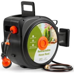 Retractable Garden Hose Reel 100 ft x 1/2 in,Super Heavy Duty Automatic Wall Mount Water Hoses Reels for Outdoor, Any Length Lock, Slow Return System,180 Swivel Bracket,10 Pattern Nozzle
