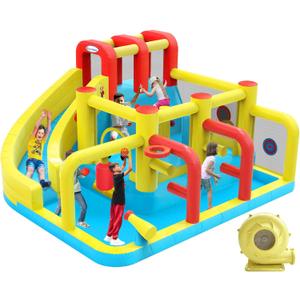 Inflatable Bounce House Water Slide,12.5ft x 11.4ft,Long Slide,Basketball Hoop,Fun Central Obstacle,Throw Ball Game,Tunnels, Climbing,Water Cannon,Inflatable sandbags.