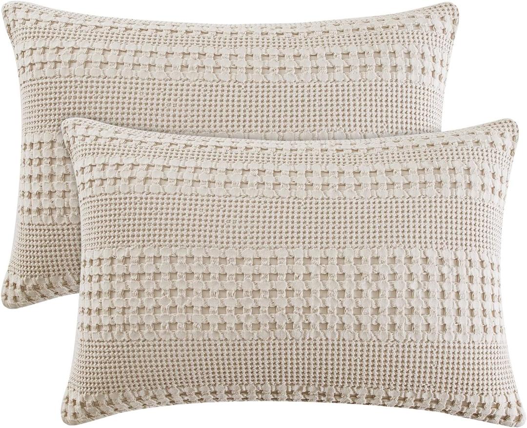 PHF 100% Cotton Waffle Pillow Shams Queen Size, 2 Pack 20" x 30" Soft Skin-Friendly Pillowcases, No Filling, Aesthetic Woven and Breathable Waffle Weave Pillow Case Covers for Bed, Oatmeal