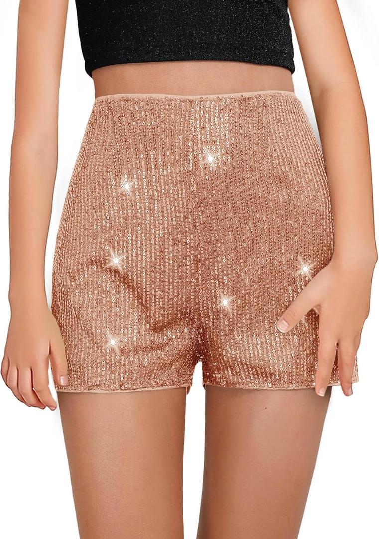Haloumoning Girls High Waist Sequin Shorts Elastic Straight Leg Sparkly Glitter Party Shorts 5-14 Years (Beige)