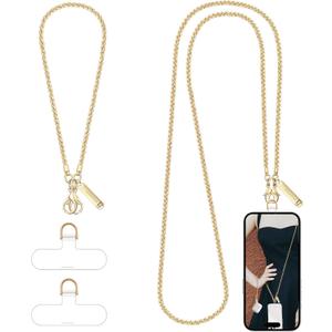 Metal Phone Chain, Crossbody Detachable Phone Lanyard with 1*Wrist Strap & 2* Tether Tabs for iPhone and Smartphones (Gold,Extend)