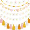 Groovy Party Decoration Garland 5Pcs, Groovy Hippie Banner Daisy Boho Tassel Garland Decor, Pre Strung Pom Pom Spring Party Supplies Hippie Party Decorations for Wall Window Home Room