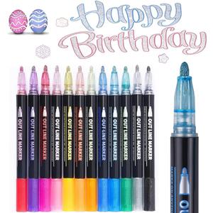 Glitter Markers 12 Colors Double Line Outline Markers, For Doodling,Painting,Christmas Cards, DIY Craft Projects Art Supplies For Girls Kids Ages 8-12 Glitter Pens For Adults