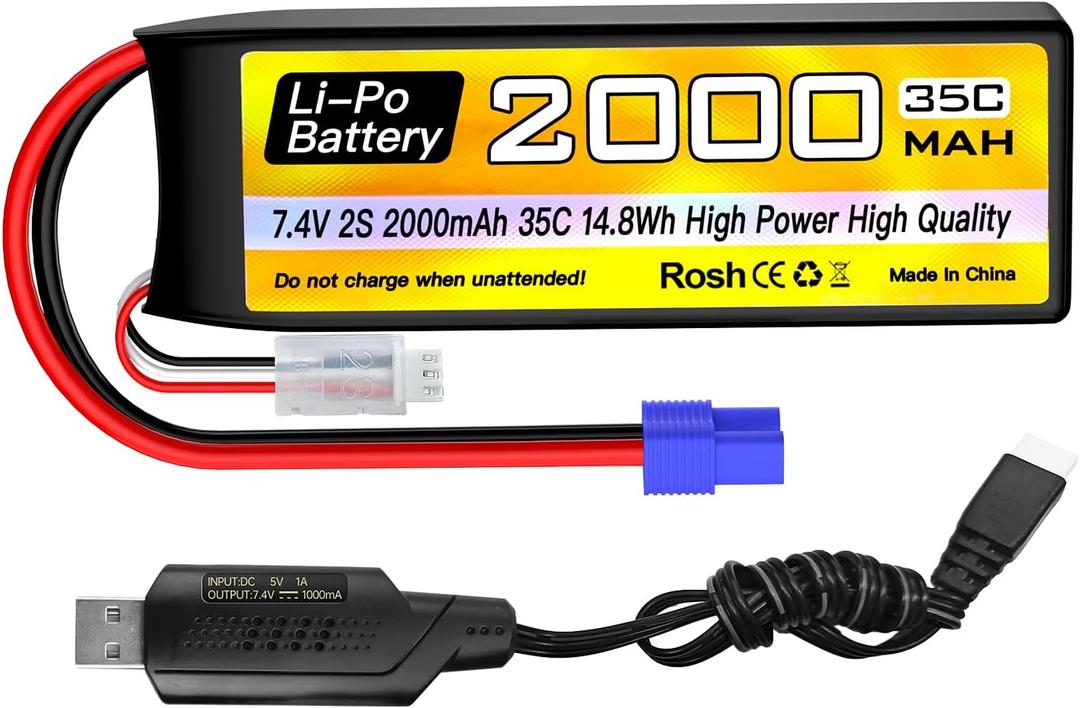 Sea Jump 2S Lipo Battery 7.4V 2000mAh 35C with EC2 Plug and USB Charging Cable Suitable for RC Car, Truck, RC Boat, Quadcopter Aircraft, FPV Drone Battery