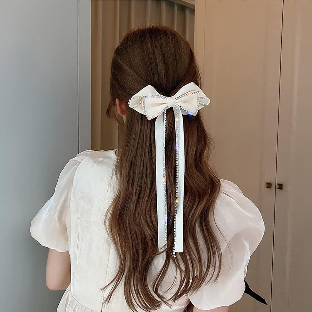 Elegant Rhinestones Hair Clip Big Bow Hairpins For Girls, Ribbon Long Tassel Rhinestone Headband Hair Clips Accessories French Design Barrettes Fashion Hair Styling Accessories (White)