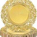 MAQUITA 8 Pcs Antique Gold Charger Plates, 13" Round Plastic Dinner Chargers, Decorative Hollowed Out Flowers Serving Plates for Dinner, Wedding, Table Setting, Elegant Tableware Decor