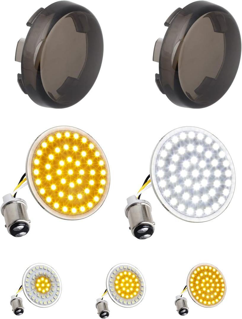 NTHREEAUTO 1157 Sequential LED Smoked Turn Signals, 2Inch Bullet Motorcycle Blinkers Compatible with Harley Sportster Dyna Softail Road King Electra Glide Touring (SMD Bulbs)
