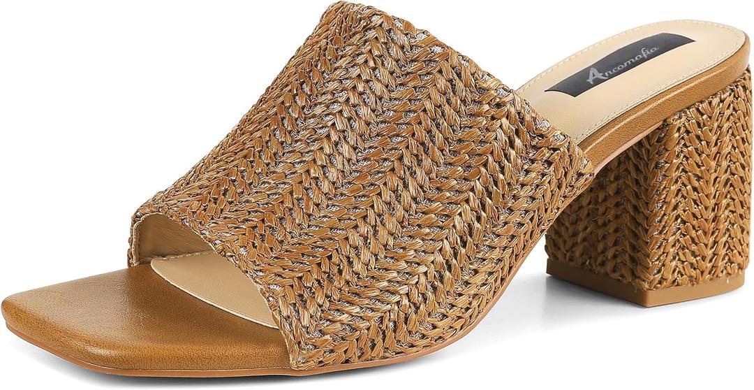 Ancomafio Heeled Sandals for Women，Raffia Sandals 2026 Chunky Heels Square Toe Mules Block Summer Shoes Slip On (Brown, M)
