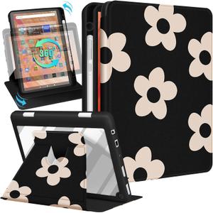 Kidcube for Kindle Fire HD 10/10 Plus Tablet Case - 13th/11th Generation (2023/2021) 10.1" Women Girls Cute Flowers Floral Design Rotating Stand Pencil Holder Folio Cases for Amazon Fire HD 10/10 Plus