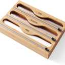 Wrap Dispenser with Cutter and Labels, Plastic Wrap Organizer For Kitchen,Bamboo 3-in-1 Wrap Dispensers for Cling Wrap Aluminum Foil and Wax,Storage Organization HolderNatural